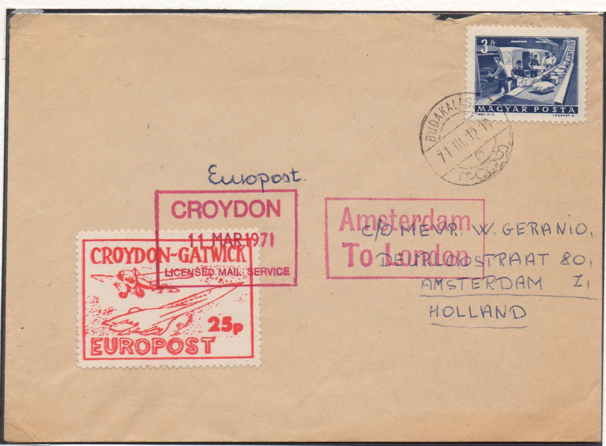 1971 Croydon Gatwick Strike Post 25p, variety 'heavily printed' , with its blurred appearance, single rate cover from Budakalasz, Hungary, a scarce 'Iron Curtain' strike post cover.  Arrival cancellation March 11th, 4 days after the end of the postal strike 